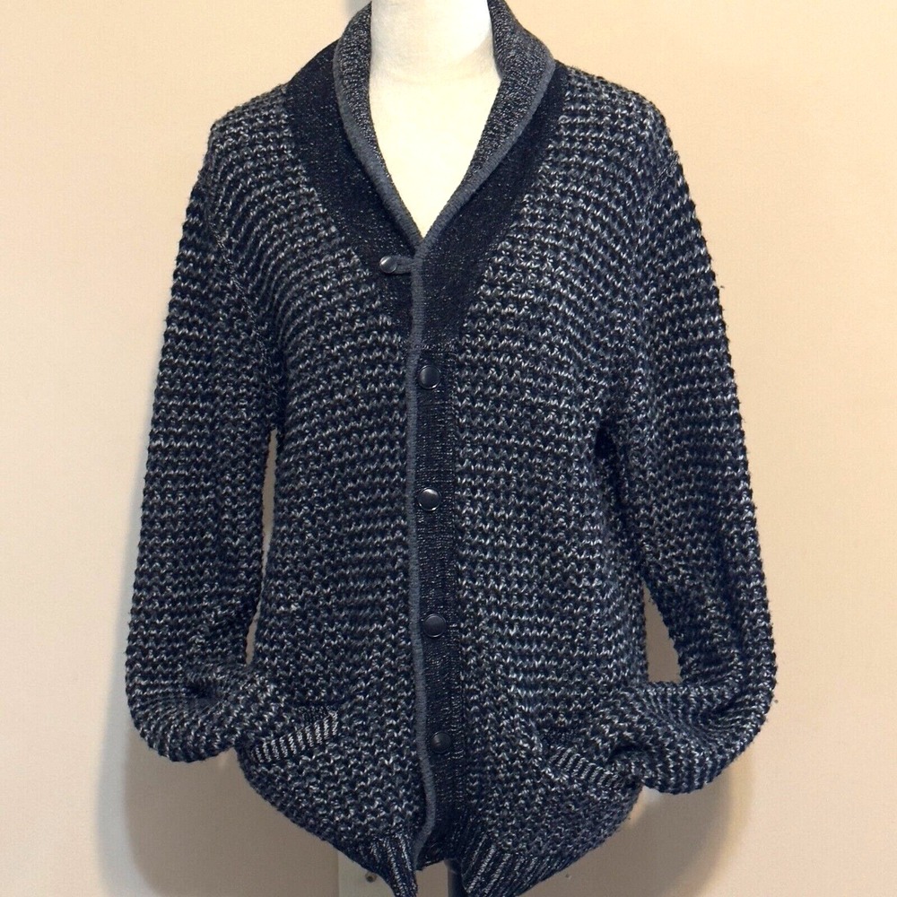 Rag & Bone Sweater Mens Sz L Chunky Wool Blend Collared Black Gray Grandpa Core